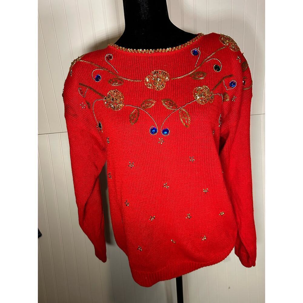 NNVELLl Vintage Hand Beaded Sweater 1980s Red Embellished size L